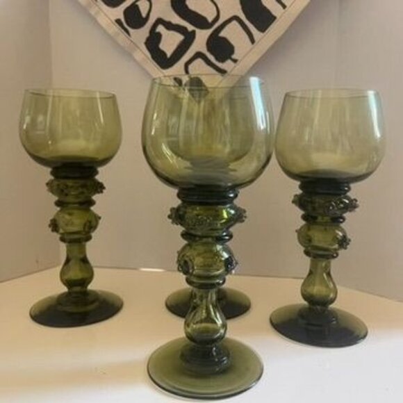 Antique Roemer Hock Hand Blown Wine Glasses Olive Green Set Of 4  Prunts Germany - Picture 1 of 10